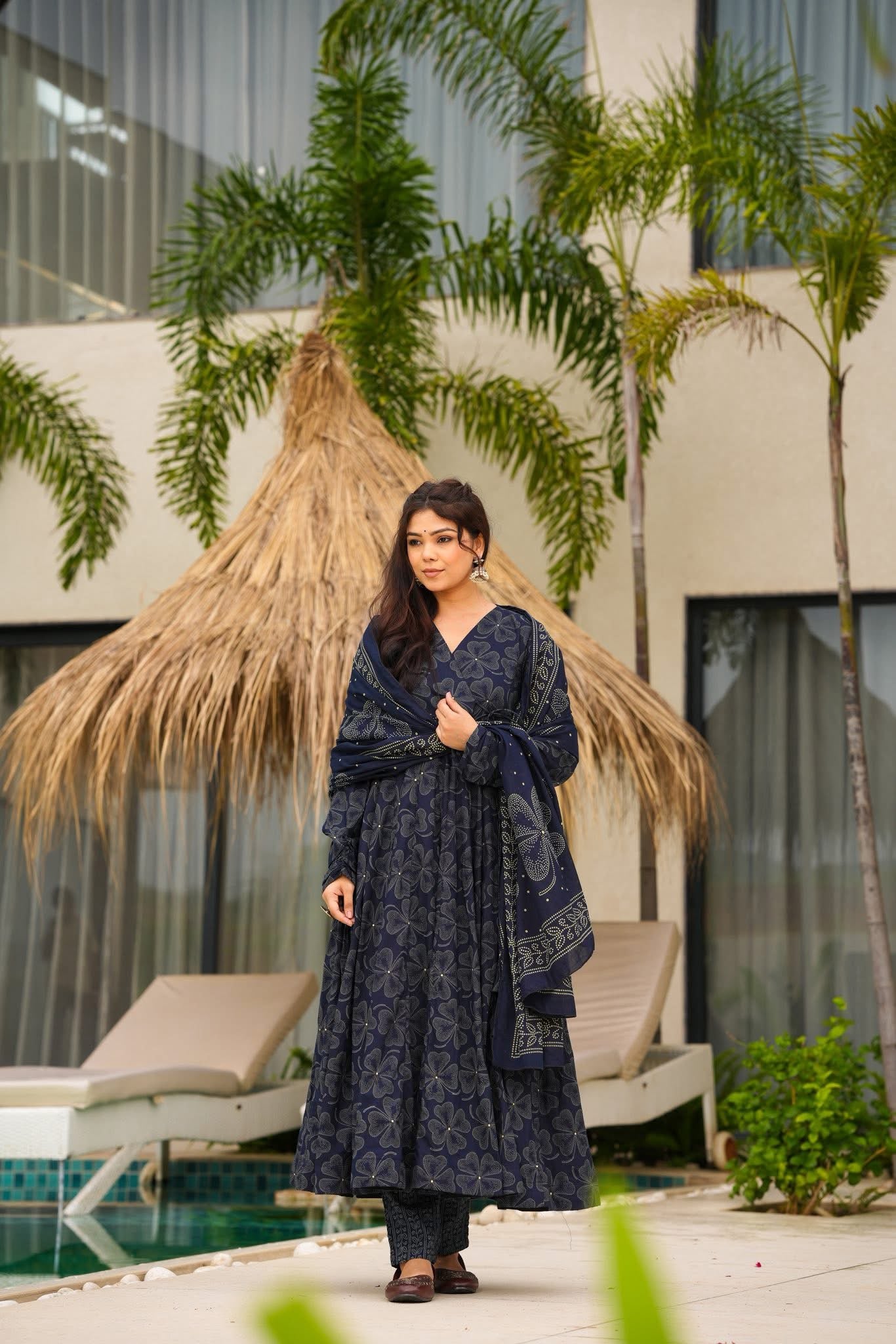 Starlit Navy Blue Cotton Anarkali with Dupatta
