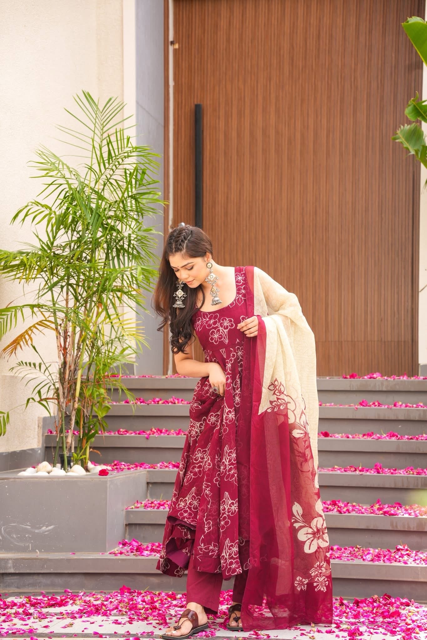 Maroon Blossom Organza Anarkali Suit Set