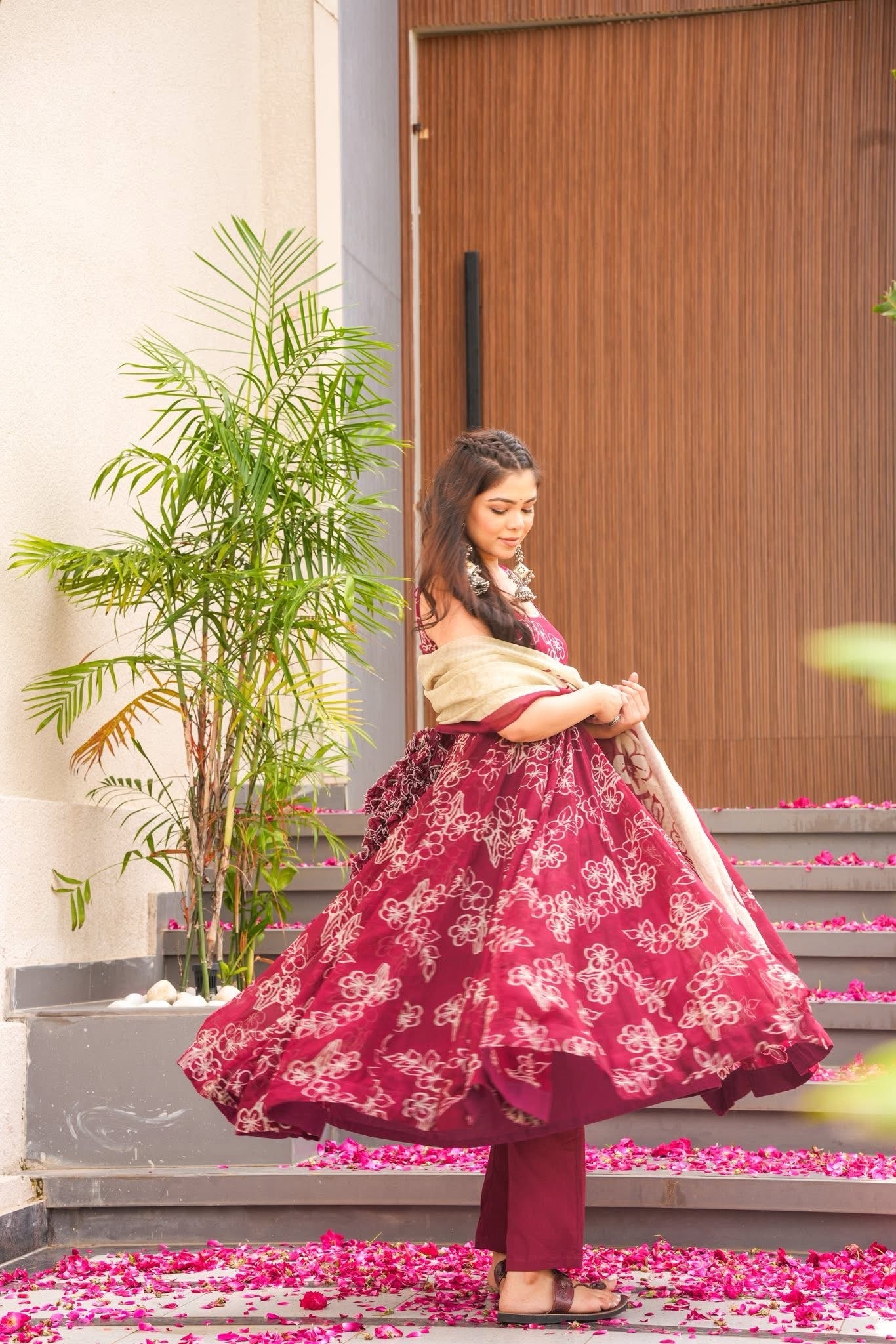 Maroon Blossom Organza Anarkali Suit Set