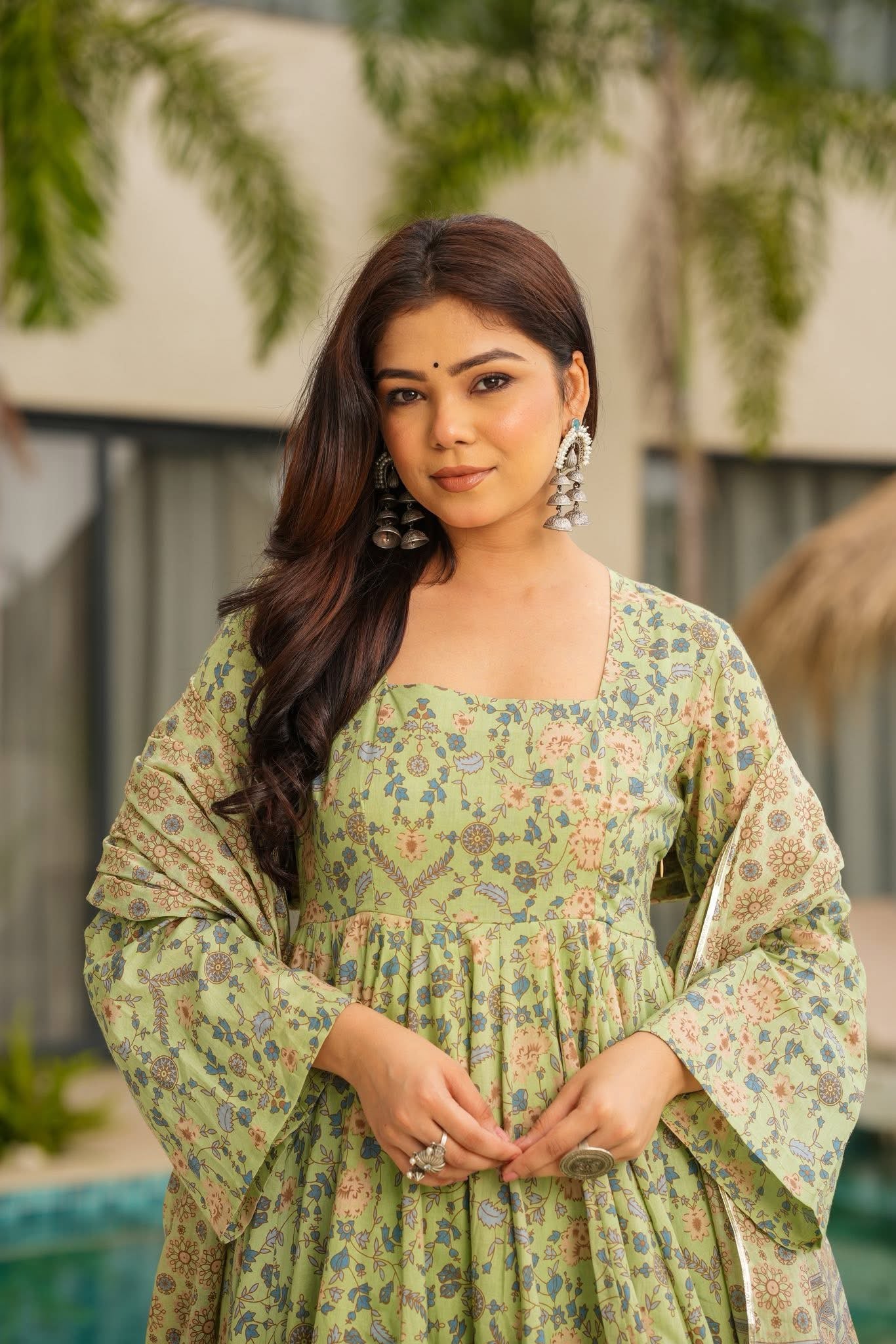 Danika Pastel Printed Cotton Anarkali Suit Set