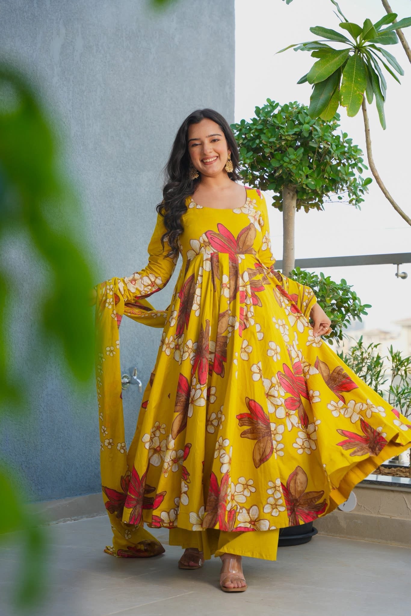 Pale Gold Cotton Anarkali Suit Set with Dupatta