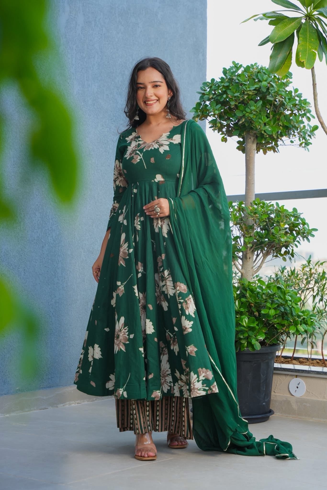 Gulfeta Green Cotton Anarkali Suit Set