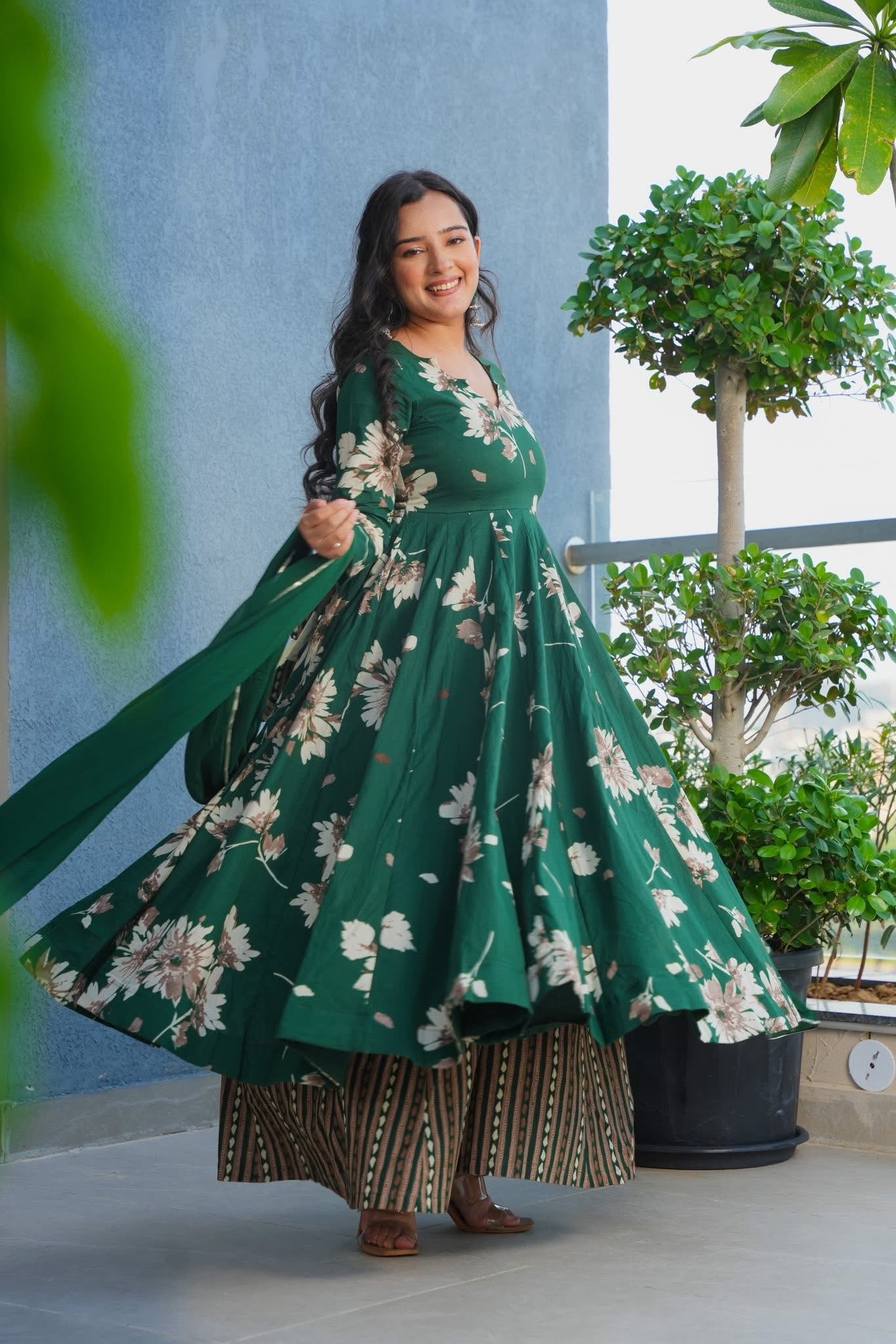 Gulfeta Green Cotton Anarkali Suit Set