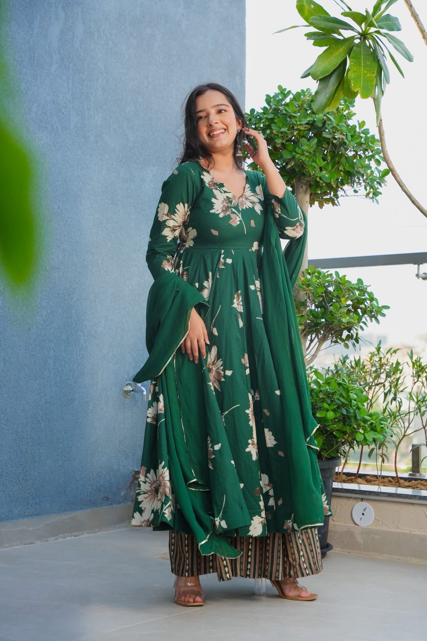 Gulfeta Green Cotton Anarkali Suit Set