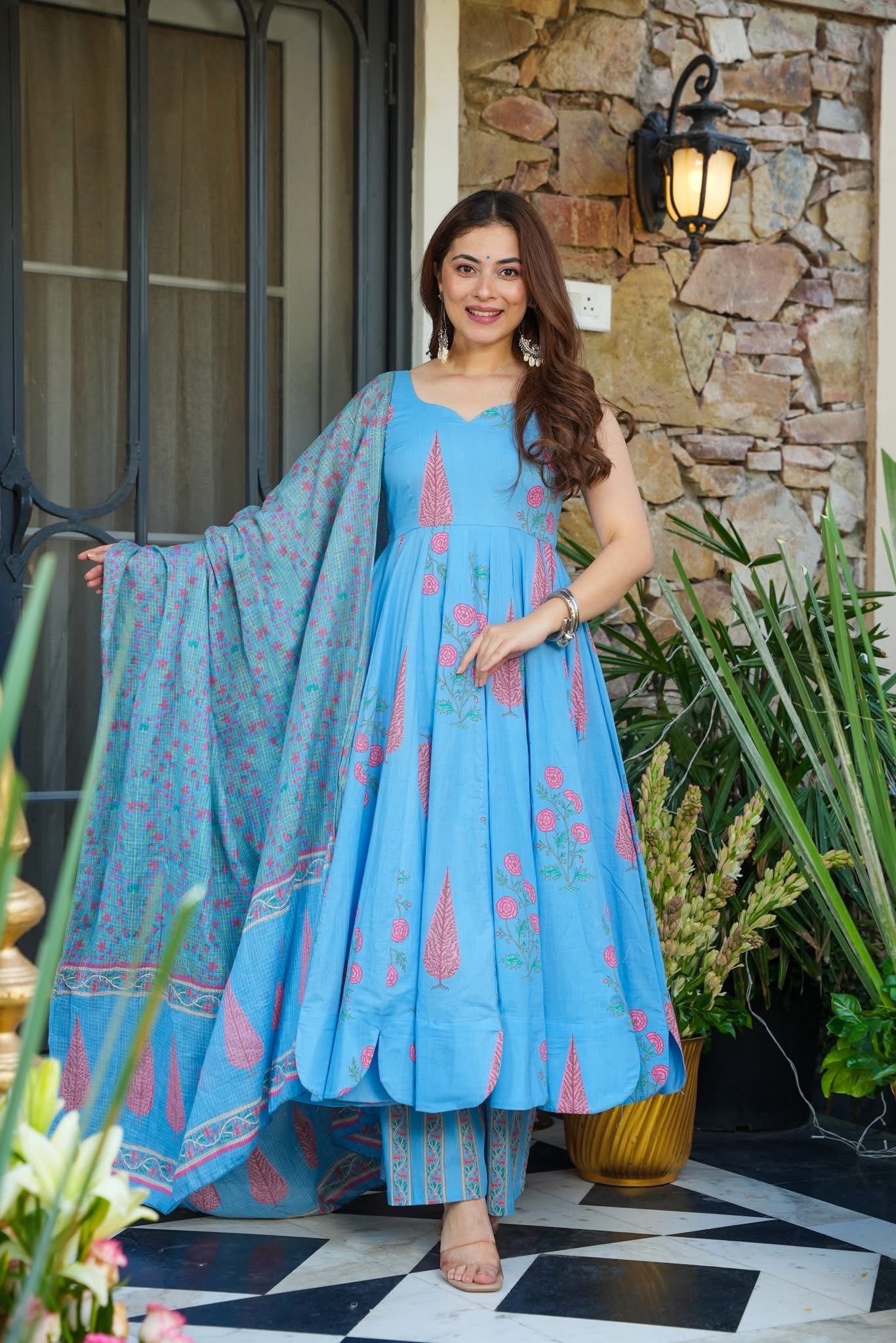 Gatika Printed Cotton Anarkali Suit Set