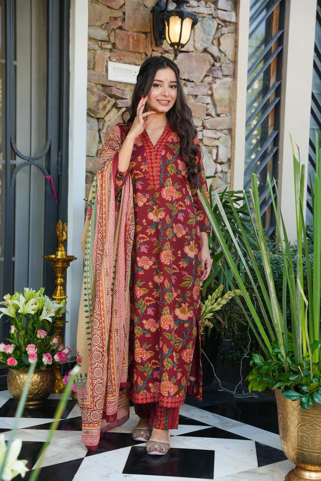 Surkhgul Cotton Straight Kurta Set