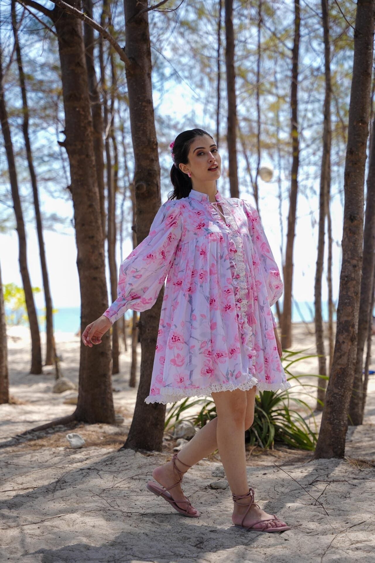 Rosebud Floral White Puff Sleeves Dream Cotton Stylish Dress