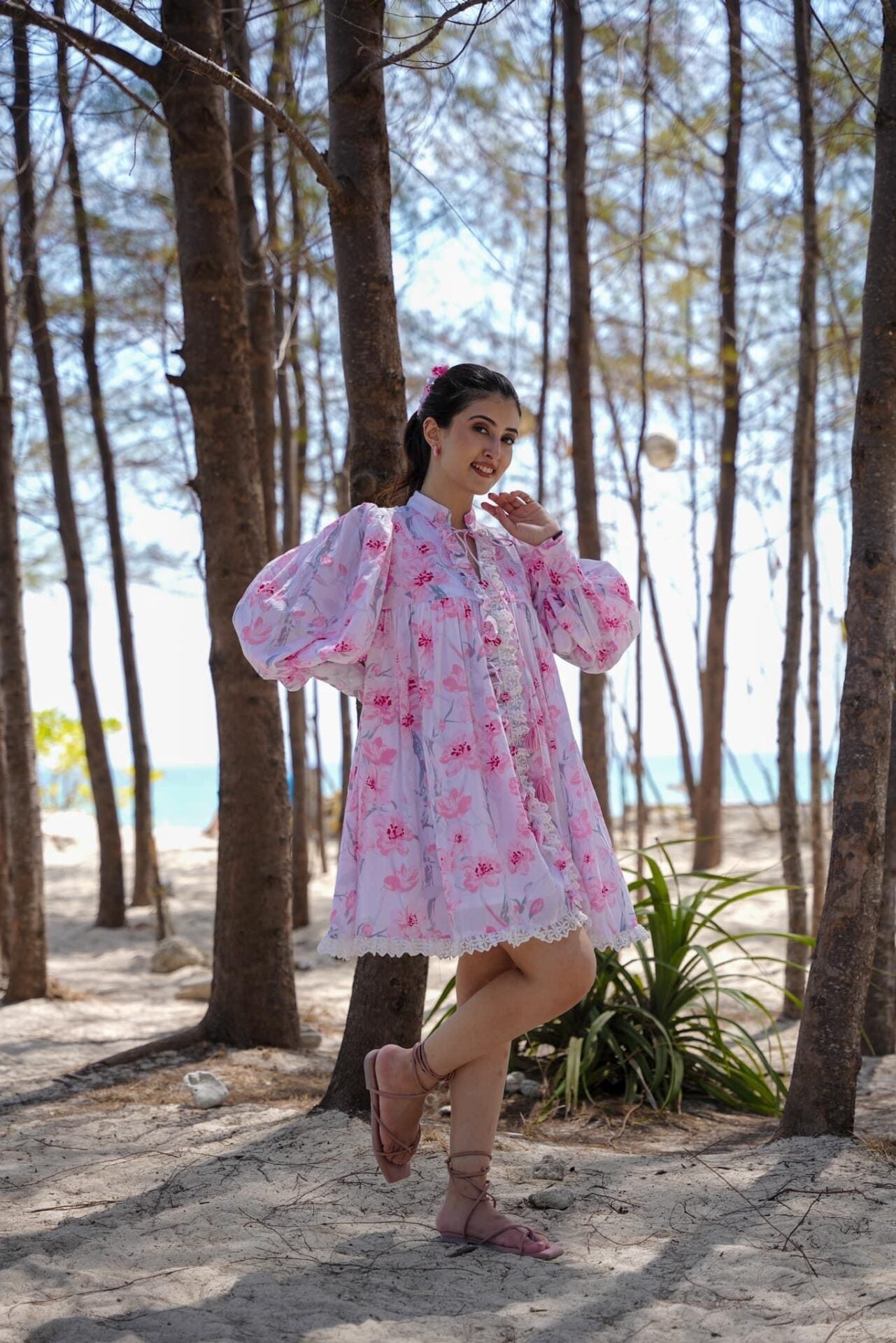 Rosebud Floral White Puff Sleeves Dream Cotton Stylish Dress